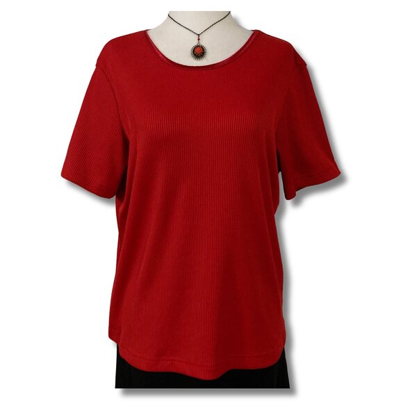 ALIA Red ribbed short-sleeve top with satin trim neckline ~ LARGE XL shirt tee - Picture 1 of 13